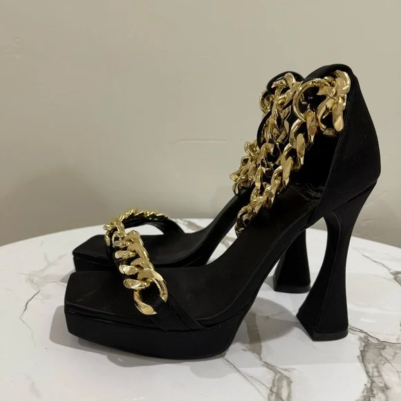 JEFFREY CAMPBELL Silverlake Ankle Strap Sandal - Black Satin Gold